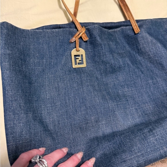 Fendi Handbags - Fendi Denim Tote with Brown Leather Straps and Gold Logo Charm